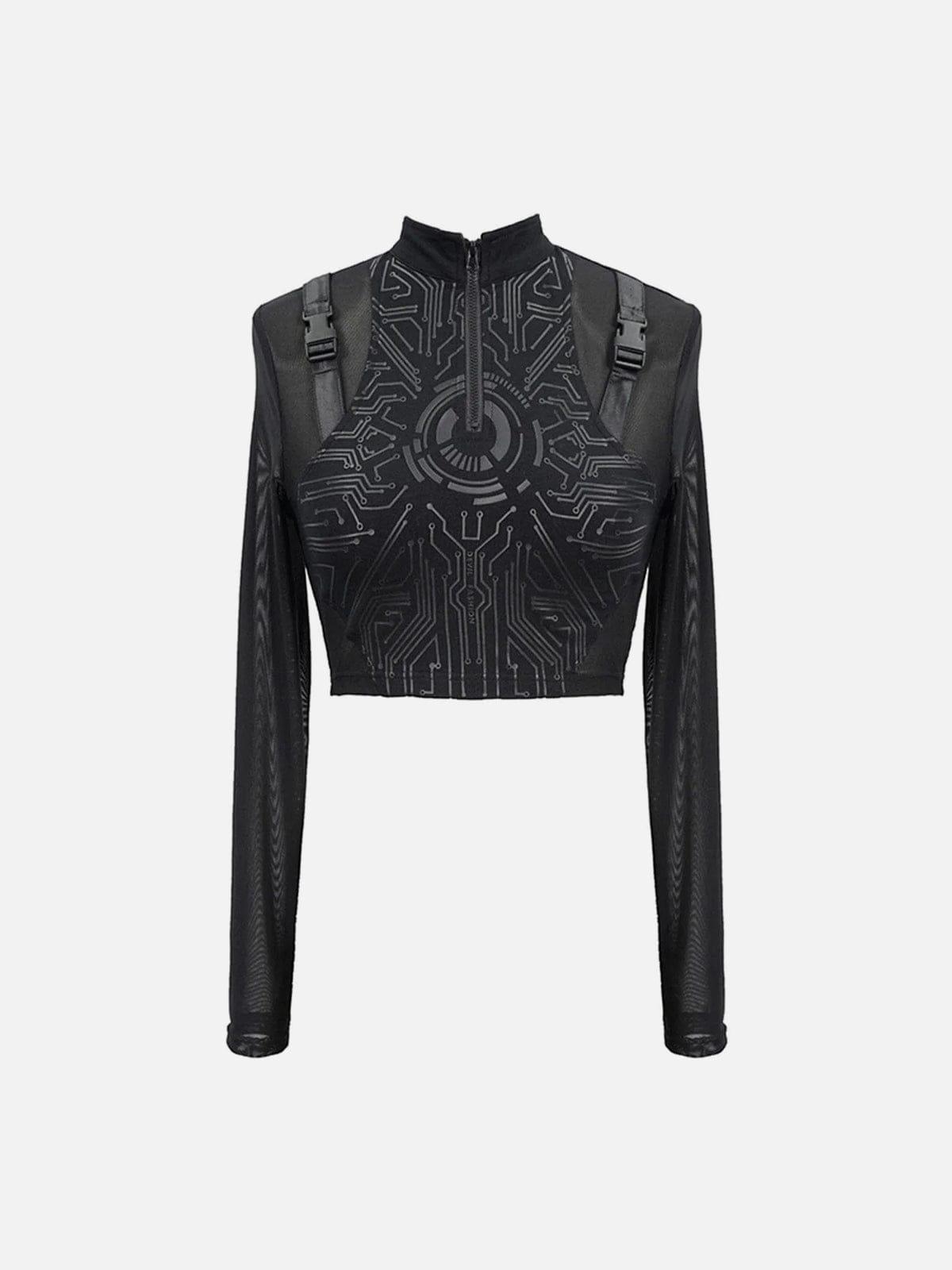 Mechanical Print Buckle Long Sleeve T Shirt