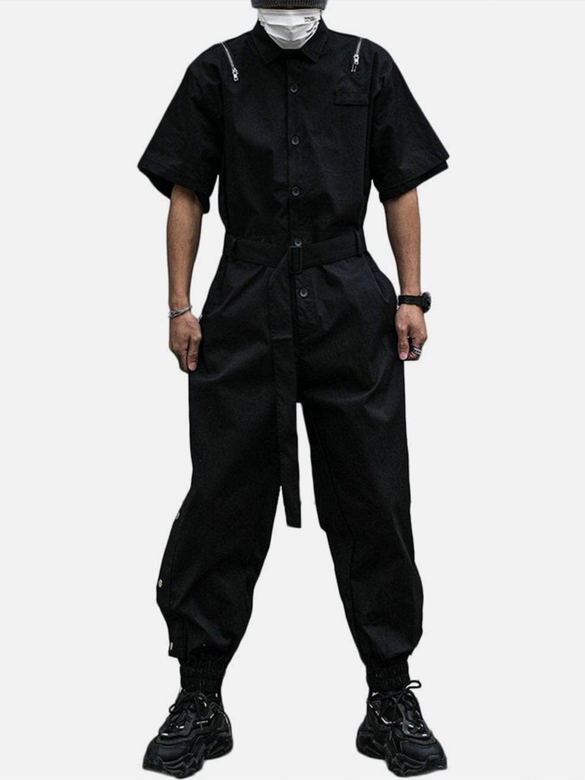 Personalized Fake Zipper Belt Cotton Jumpsuit