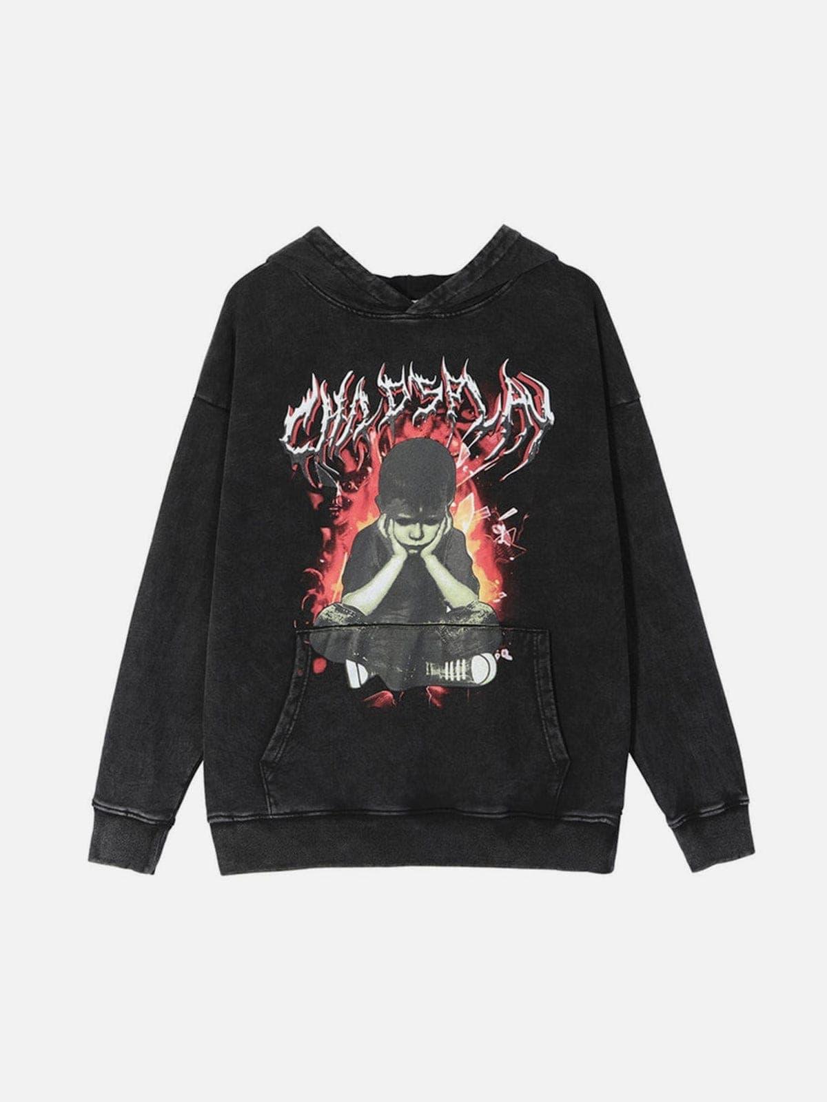 Flame Melancholy Boy Print Washed Hoodie