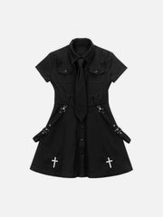 Dark Punk Cross Embroidery Tie Ribbons Dress
