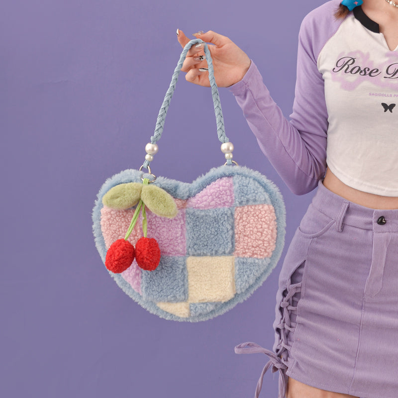 Winter Heart-shaped Cherry Plush Bag