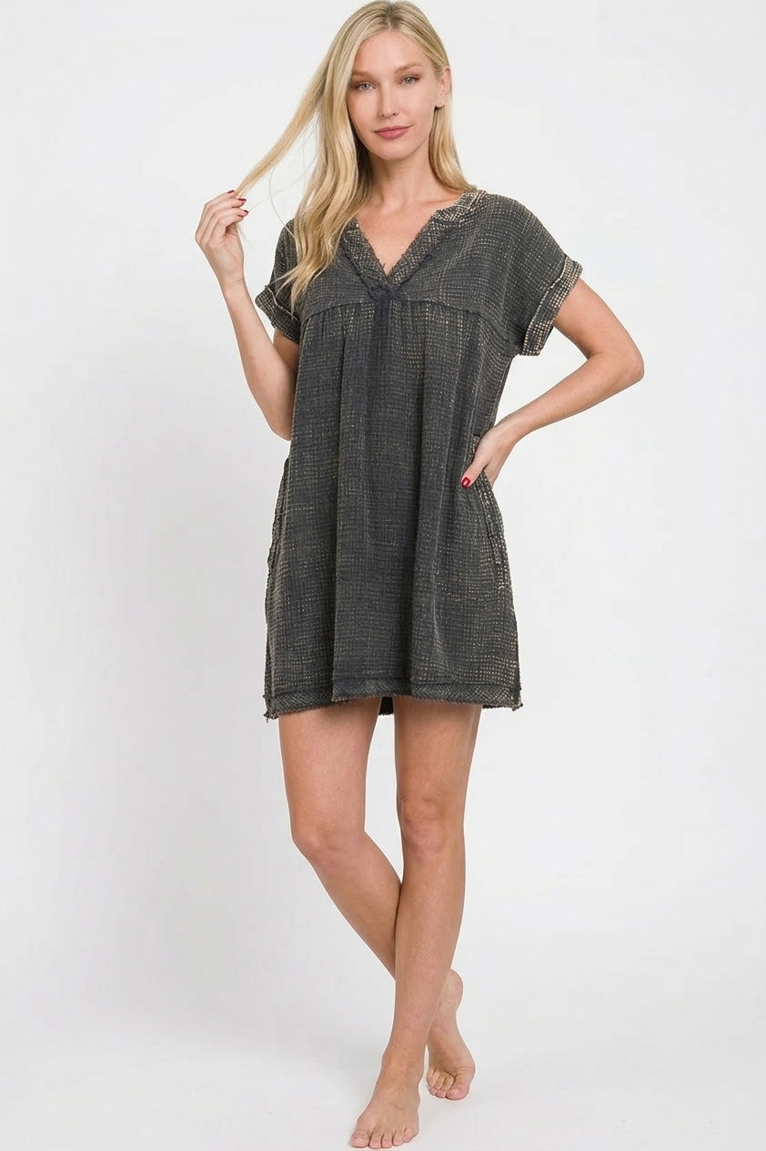 Washed Double Gauze Raw Edge V-neck Dress