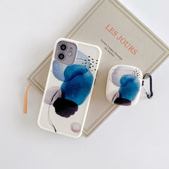 2-Piece Set: Blue Paint Cute Phone Cases & Earphone Cover for AirPods 1/2/Pro - Compatible with iPhone 12, 11 Pro Max, XR, XS, X, 7, 8 Plus