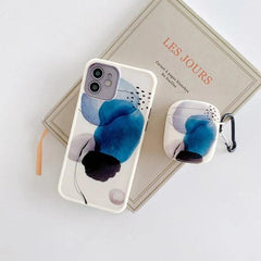 2-Piece Set: Blue Paint Cute Phone Cases & Earphone Cover for AirPods 1/2/Pro - Compatible with iPhone 12, 11 Pro Max, XR, XS, X, 7, 8 Plus