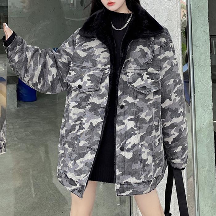 Streetwear Camouflage Fluffy Collar Denim Jacket