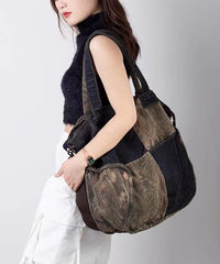 Large Capacity Calf Leather Patchwork Canvas Satchel Bags