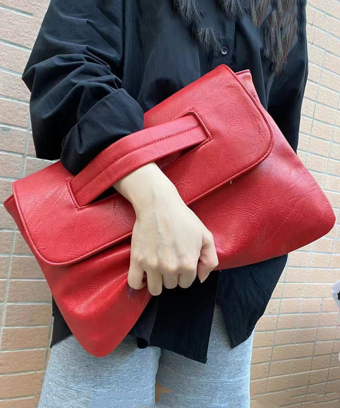 Red Patchwork Faux Leather Tote Handbag