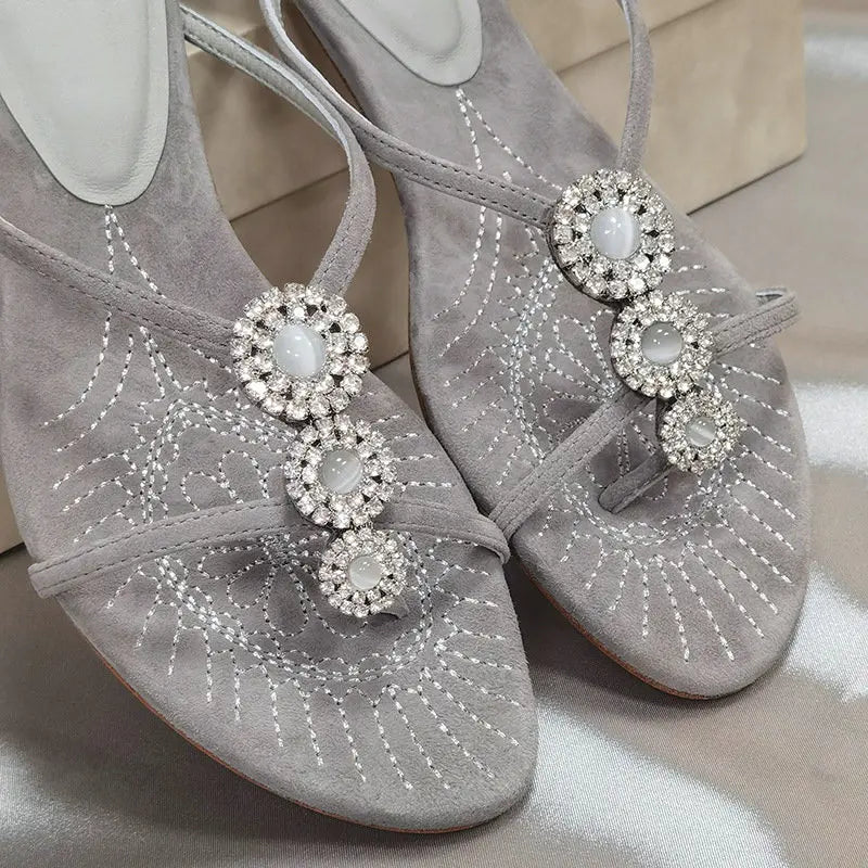 Wear Low-Heeled Slippers Rhinestone One-Band Sandals