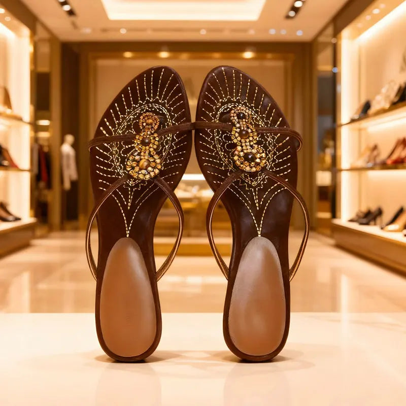 Wear Low-Heeled Slippers Rhinestone One-Band Sandals