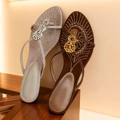Wear Low-Heeled Slippers Rhinestone One-Band Sandals