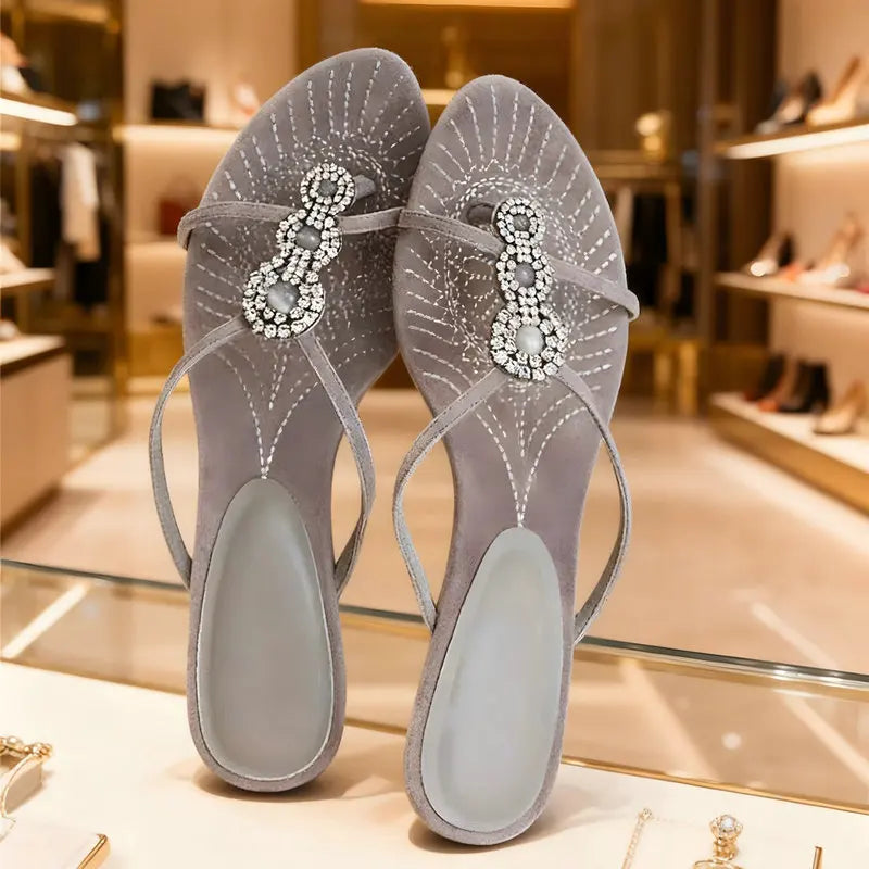 Wear Low-Heeled Slippers Rhinestone One-Band Sandals