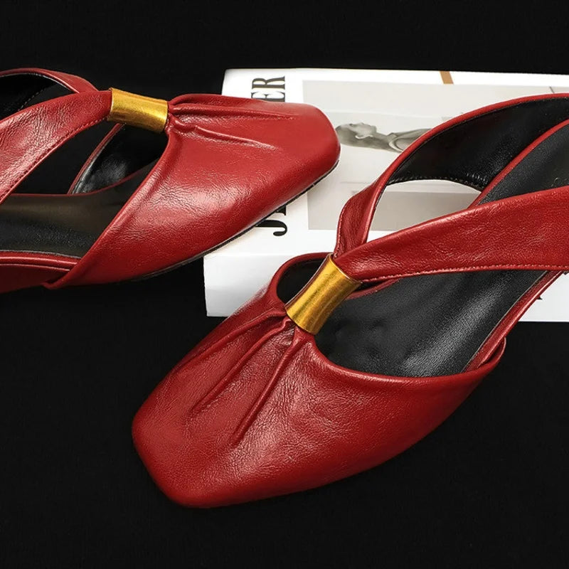 Style Square Head Soft Leather Wedge Slides Pleated Baotou Thick Heel