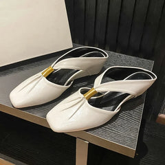 Style Square Head Soft Leather Wedge Slides Pleated Baotou Thick Heel