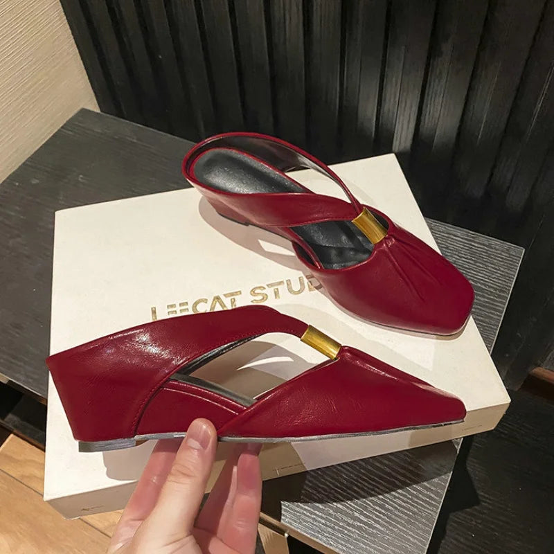 Style Square Head Soft Leather Wedge Slides Pleated Baotou Thick Heel