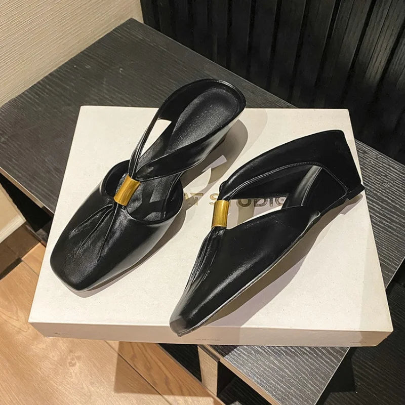 Style Square Head Soft Leather Wedge Slides Pleated Baotou Thick Heel
