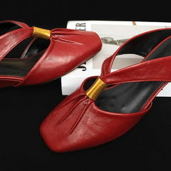Style Square Head Soft Leather Wedge Slides Pleated Baotou Thick Heel