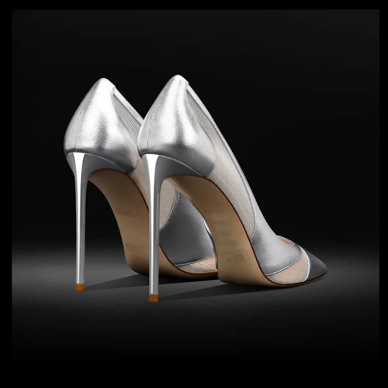 Patchwork Mesh Silver High Heels