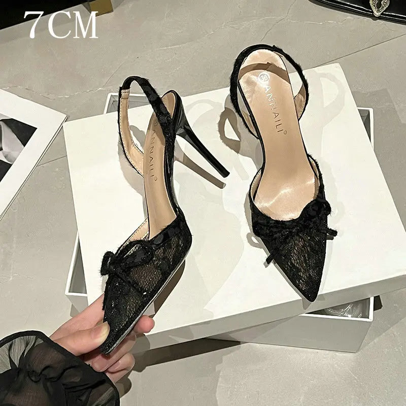 Design Sense Embroidery Lace Bow Heels