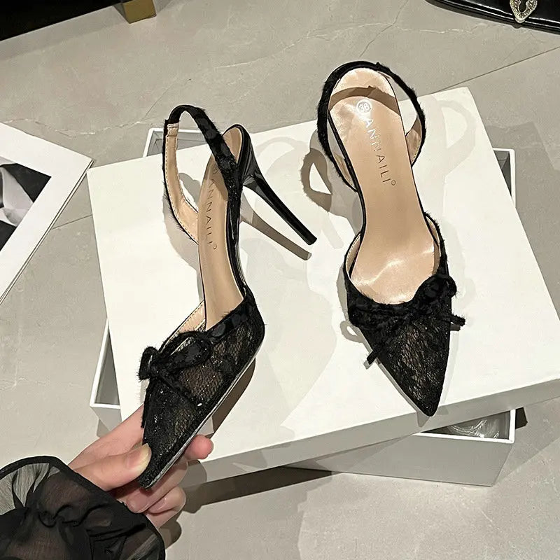 Design Sense Embroidery Lace Bow Heels