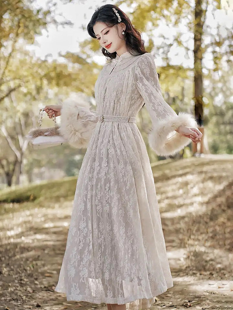 Magic Muse Faux Fur Lace Dress with Pearl Belt