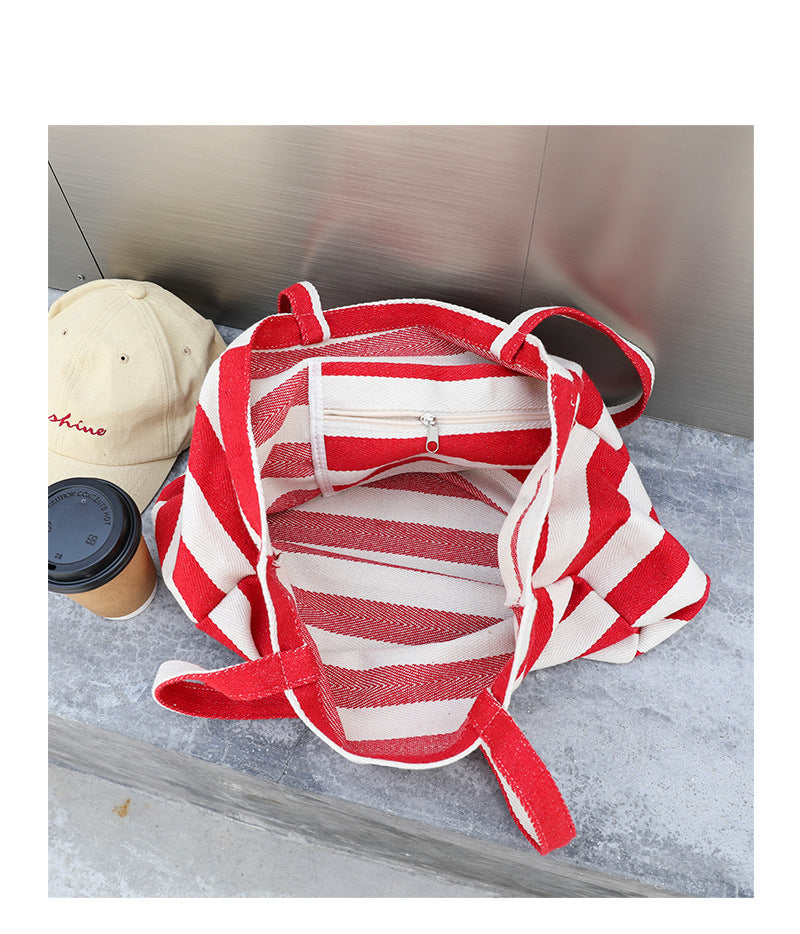 Women Casual Stripe Canvas Large Capacity Shoulder Bag