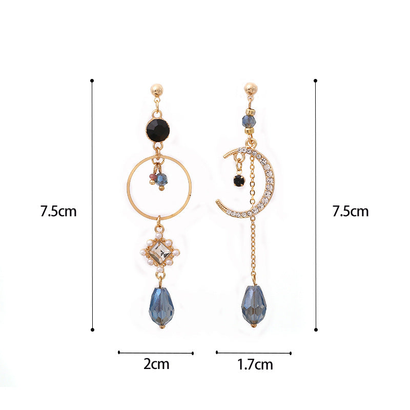 Blue Waterdrop Moon Asymmetric Earrings