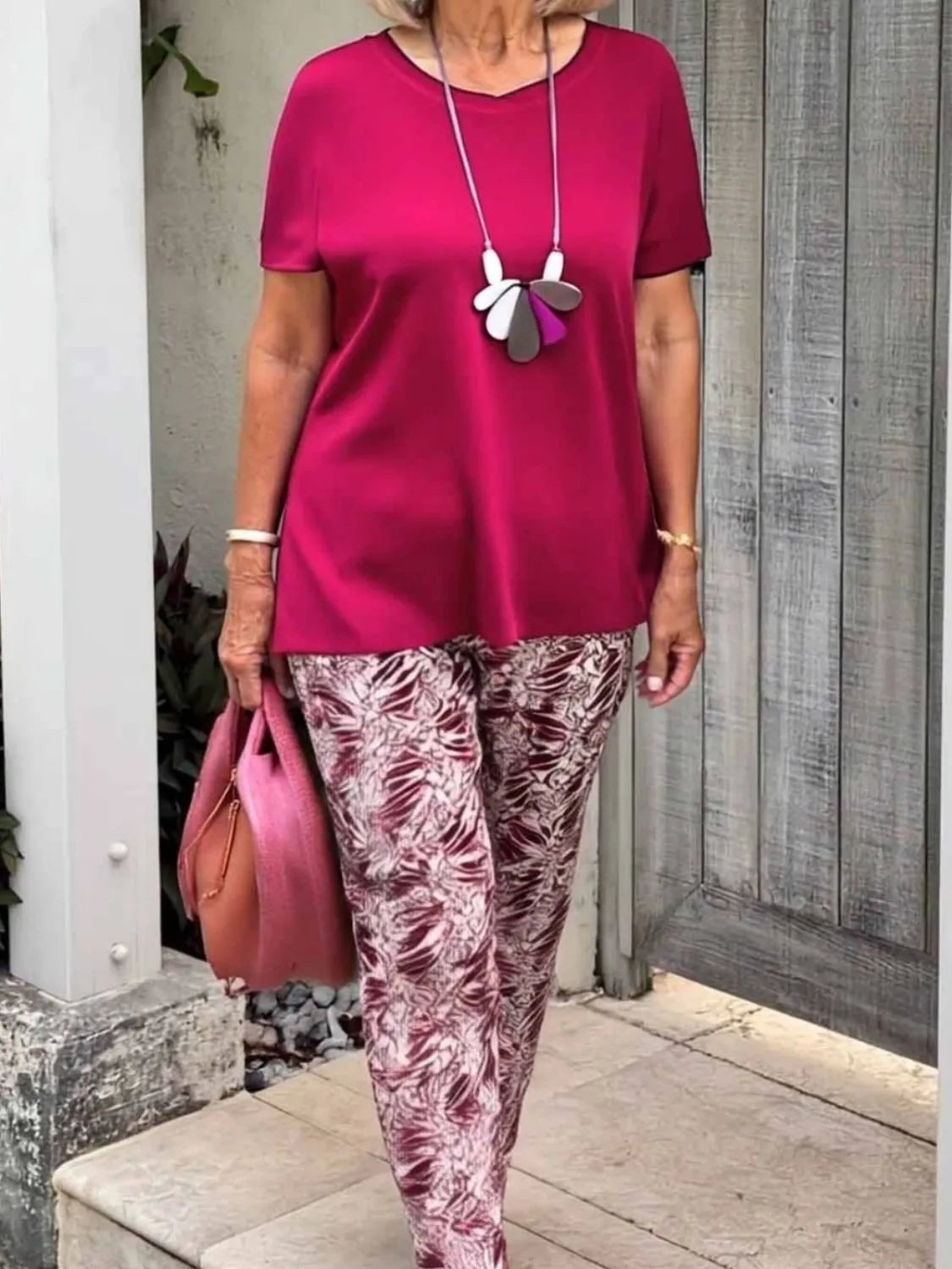 Full Size Round Neck Short Sleeve Top and Pants Set Plus Size