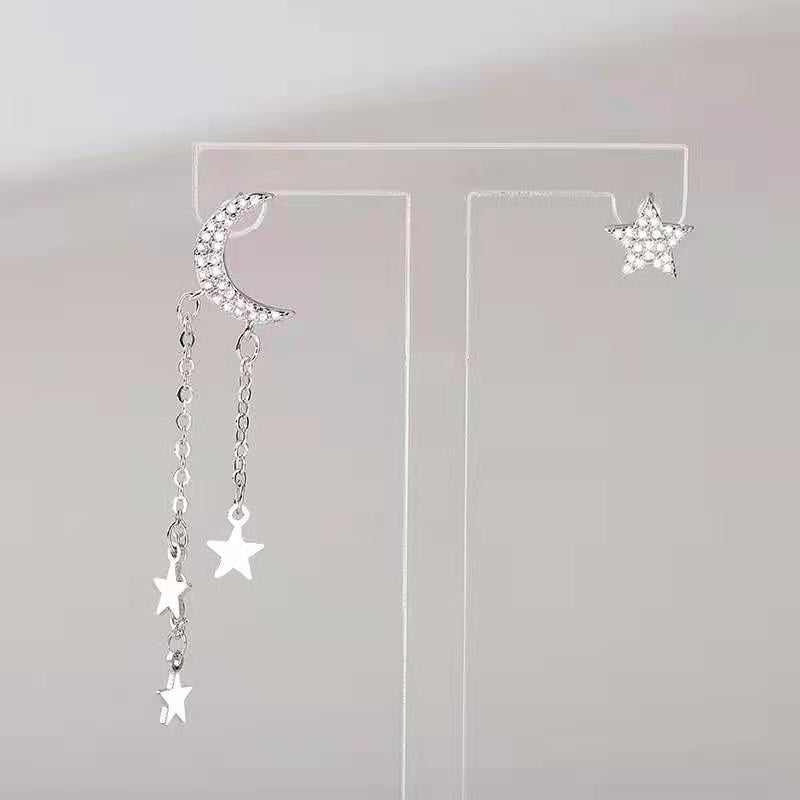 Asymmetric Star Moon Tassel Earrings