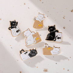 Cute Black and White Paper Bag Cat Pins