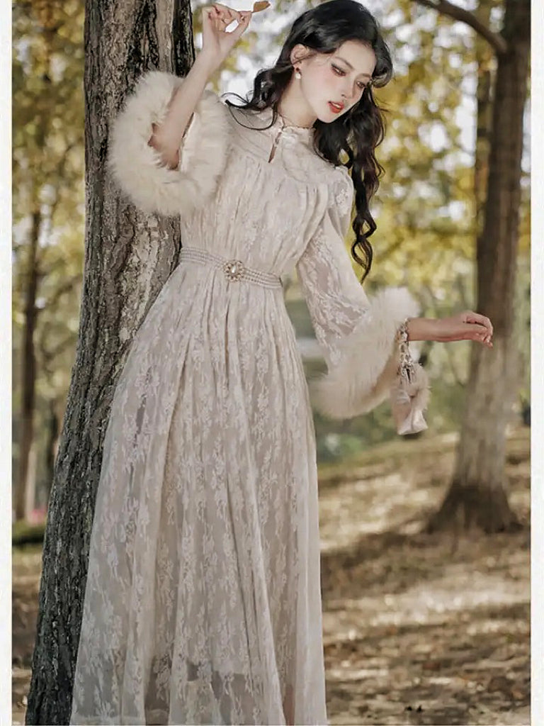 Magic Muse Faux Fur Lace Dress with Pearl Belt