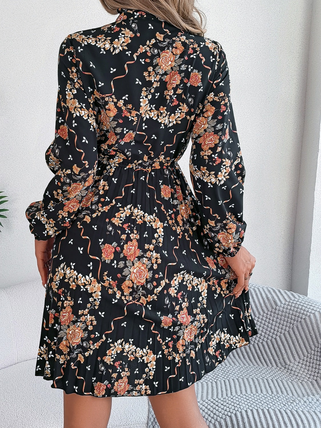 Pleated Printed-Tie Neck Long Sleeve Dress