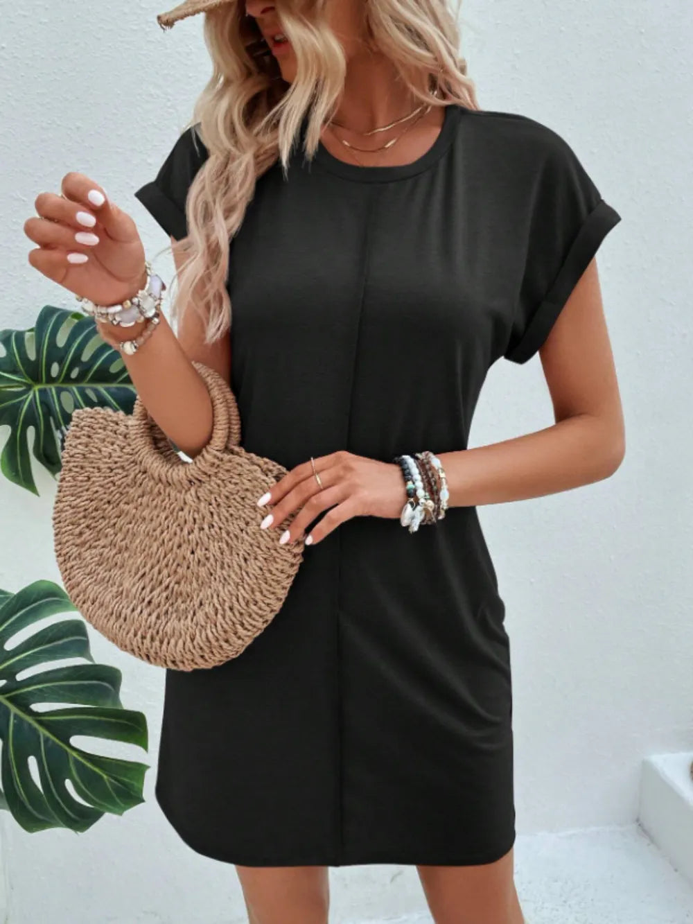 Exposed Seam Short Sleeve Mini Tee Dress