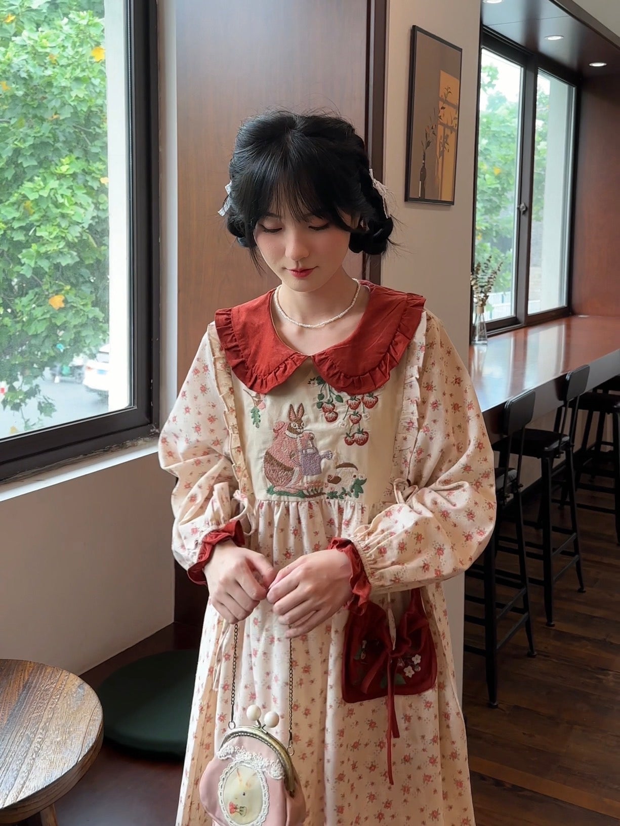 Rabbit's Strawberry Garden Cottagecore Goblincore Dress with Embroidery