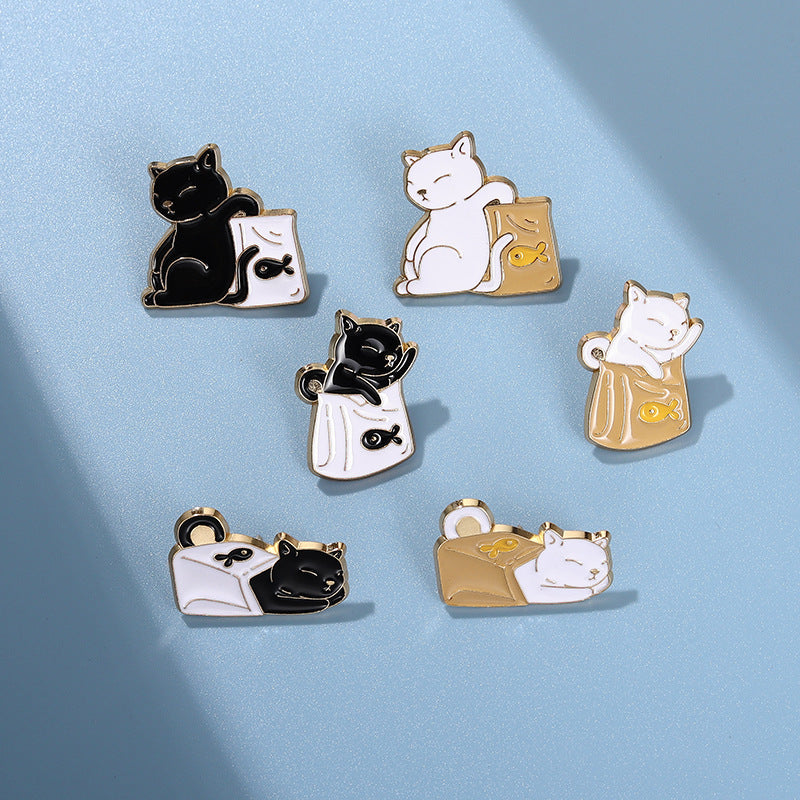 Cute Black and White Paper Bag Cat Pins