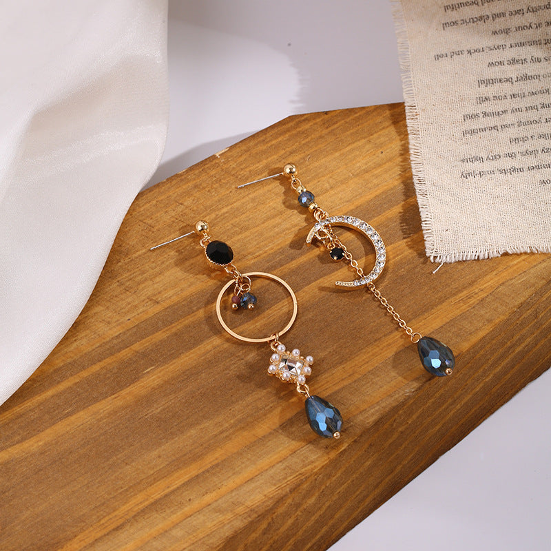 Blue Waterdrop Moon Asymmetric Earrings