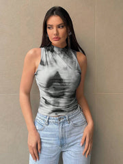 Printed Mock Neck Ruched Tank