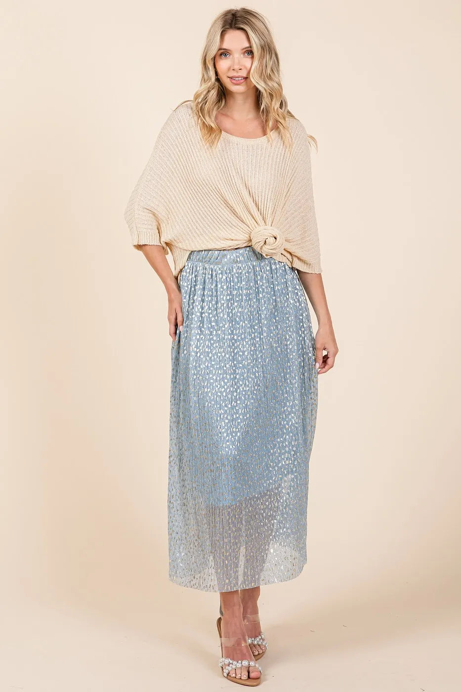 Metallic Glitter Speckle Print Elastic Midi Skirt
