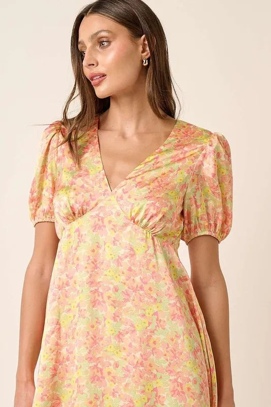 Printed V-Neck Puff Sleeve Mini Dress
