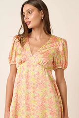 Printed V-Neck Puff Sleeve Mini Dress