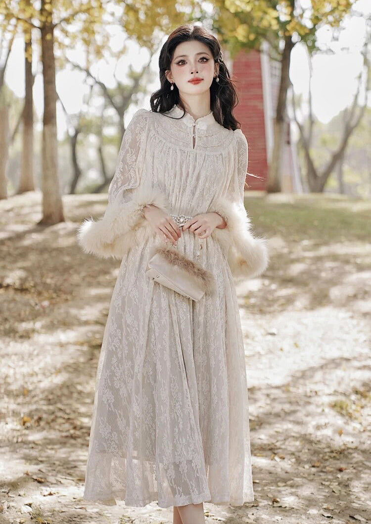 Magic Muse Faux Fur Lace Dress with Pearl Belt