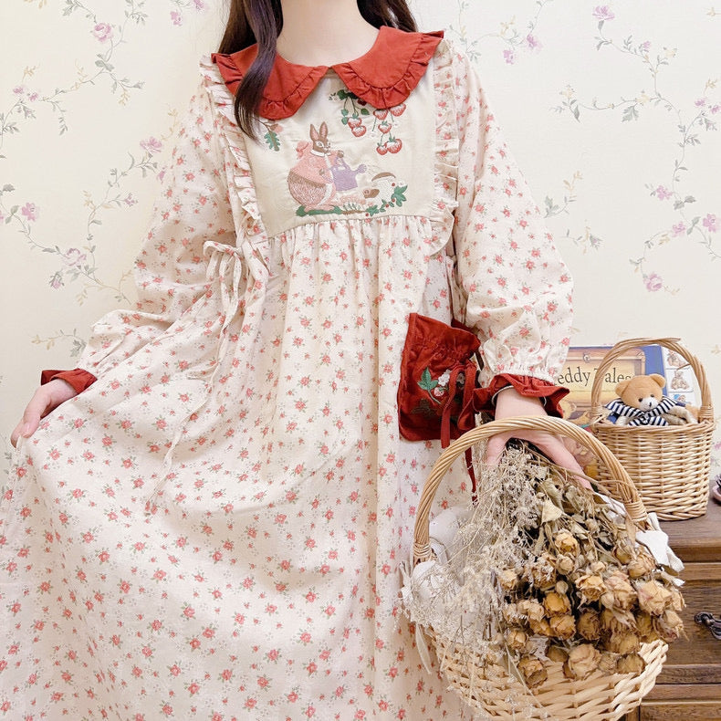 Rabbit's Strawberry Garden Cottagecore Goblincore Dress with Embroidery