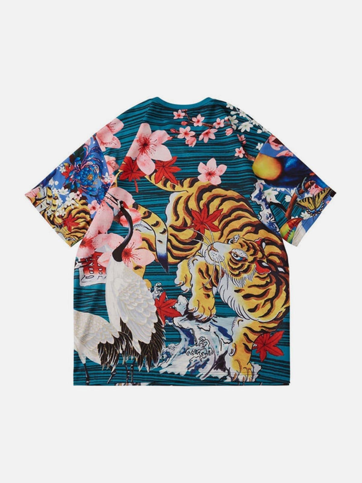 Cherry Blossoms Tiger Crane Print Tee