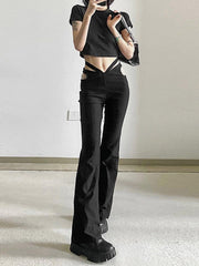 High Waist Side Cut-out Chain Flared Pants