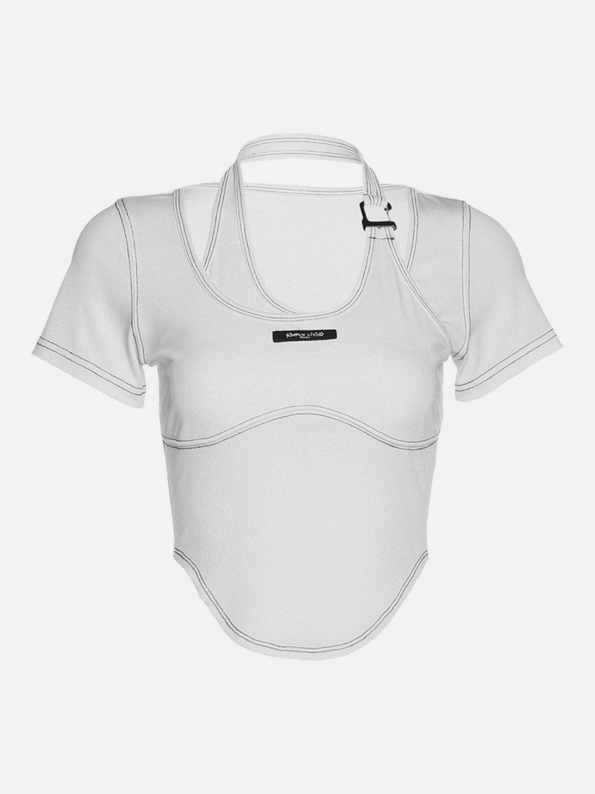 Patchwork Halter Label Short Sleeve T Shirt