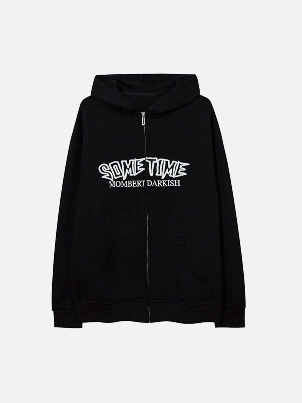 Circle Letters Print Fleece Zip Up Hoodie
