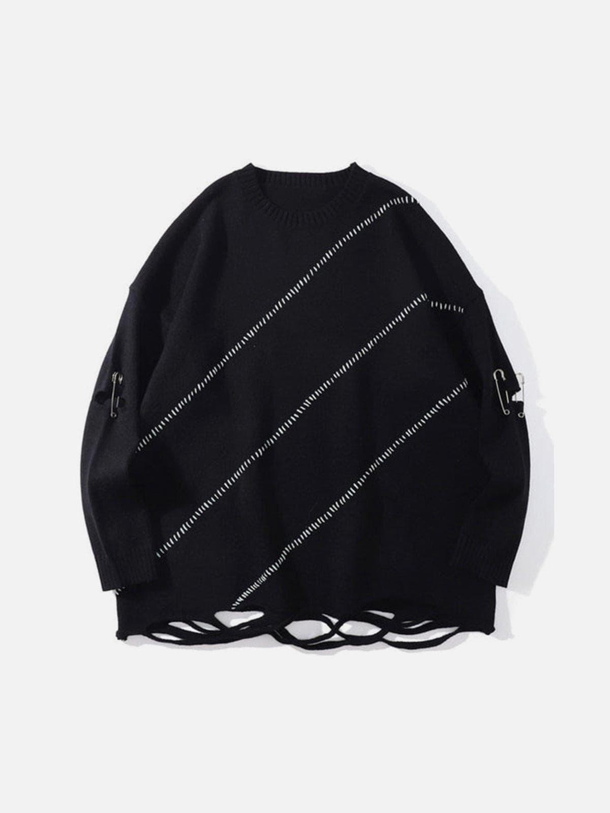 Dark Pin Striped Embroidery Knitted Sweater