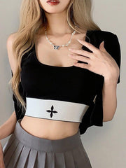 Patchwork Buckle Short Sleeve T Shirt
