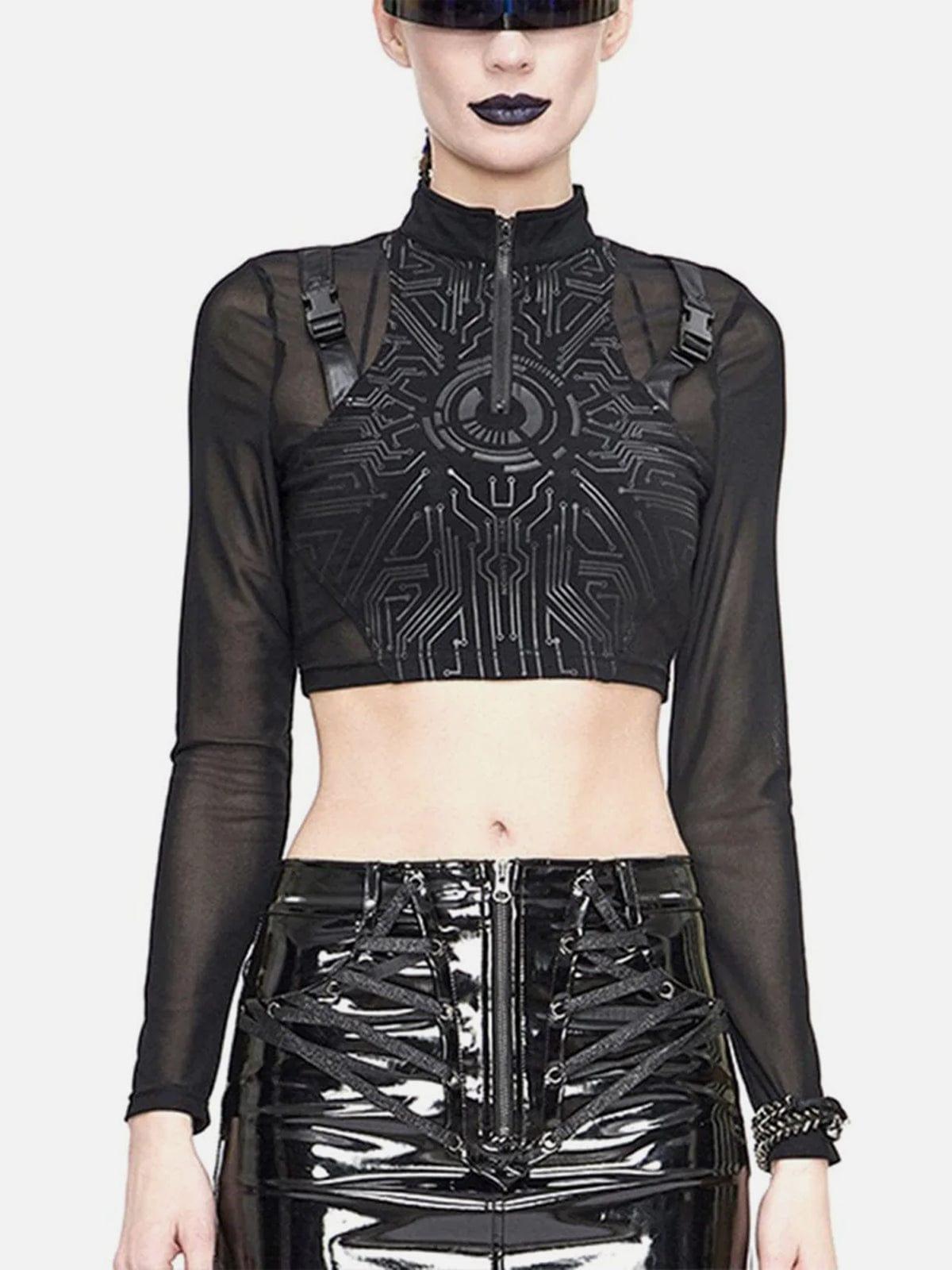 Mechanical Print Buckle Long Sleeve T Shirt