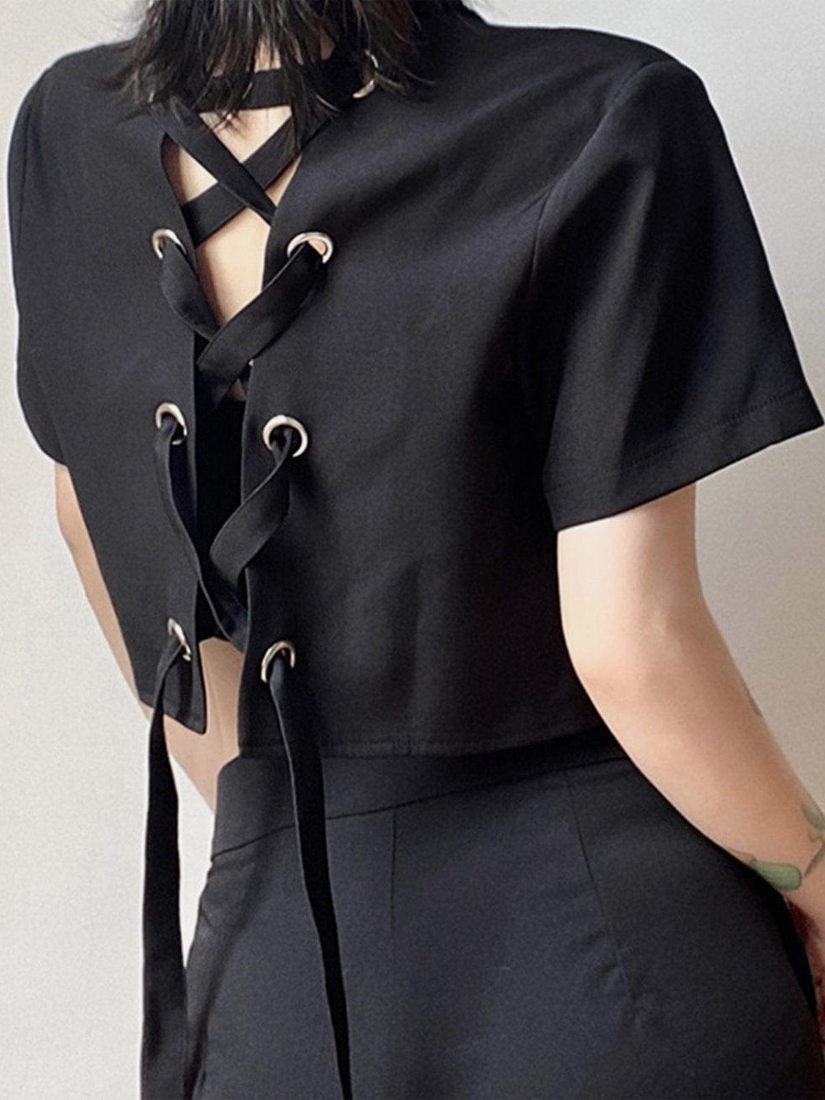 Back Cross Tie Hollow Crop Short Sleeve