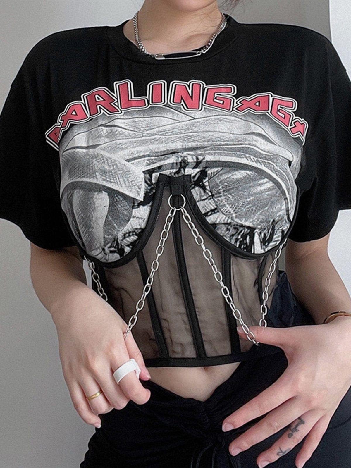 Dark Mesh Patchwork Chain Short Sleeve T Shirt